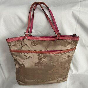 Coach F14482 Brown & Pink Tote Bag With Horse Carriage Pattern Dual Handles Zip